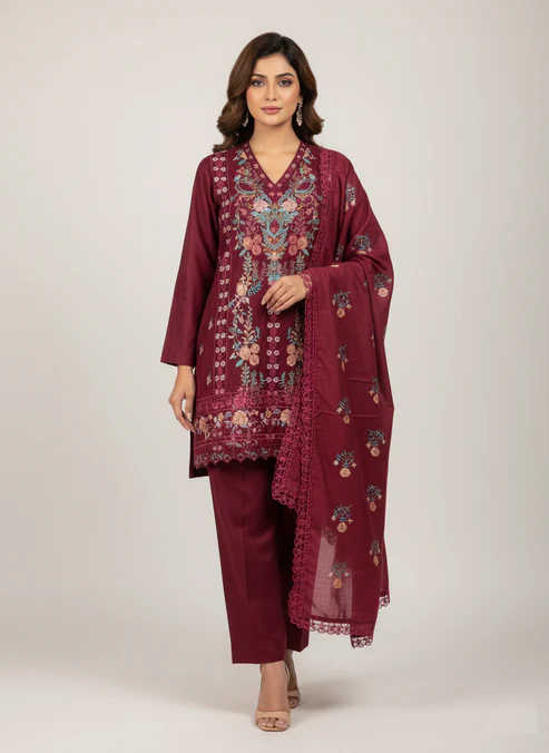 DHANAK - MAHROON 3 PC UNSTITCHED DH-02 MRN