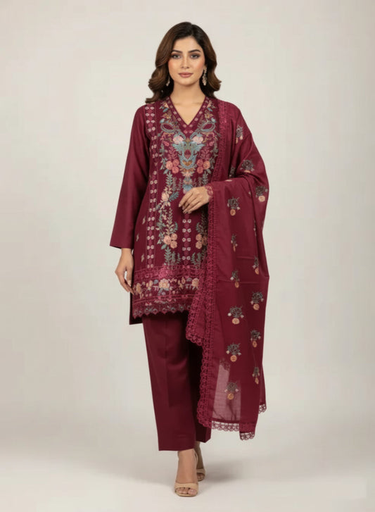 DHANAK - MAROON 3 PC UNSTITCHED DH-01 MRN